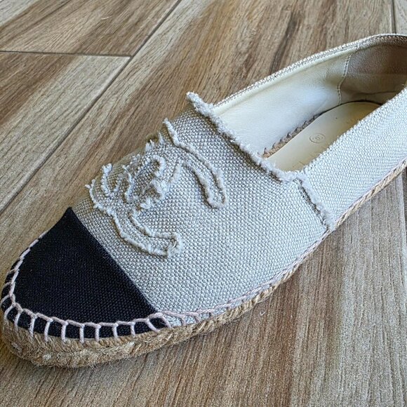 CHANEL Espadrilles Black-White Denim Slip-on Shoes Eur. 37 - Picture 1 of 14